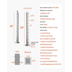 Kaidepylväs SUS304-ruostumatonta terästä 36x2x2-tuumainen esiporattu 3 tuuman reikäväli kaiteisiin 1 kpl