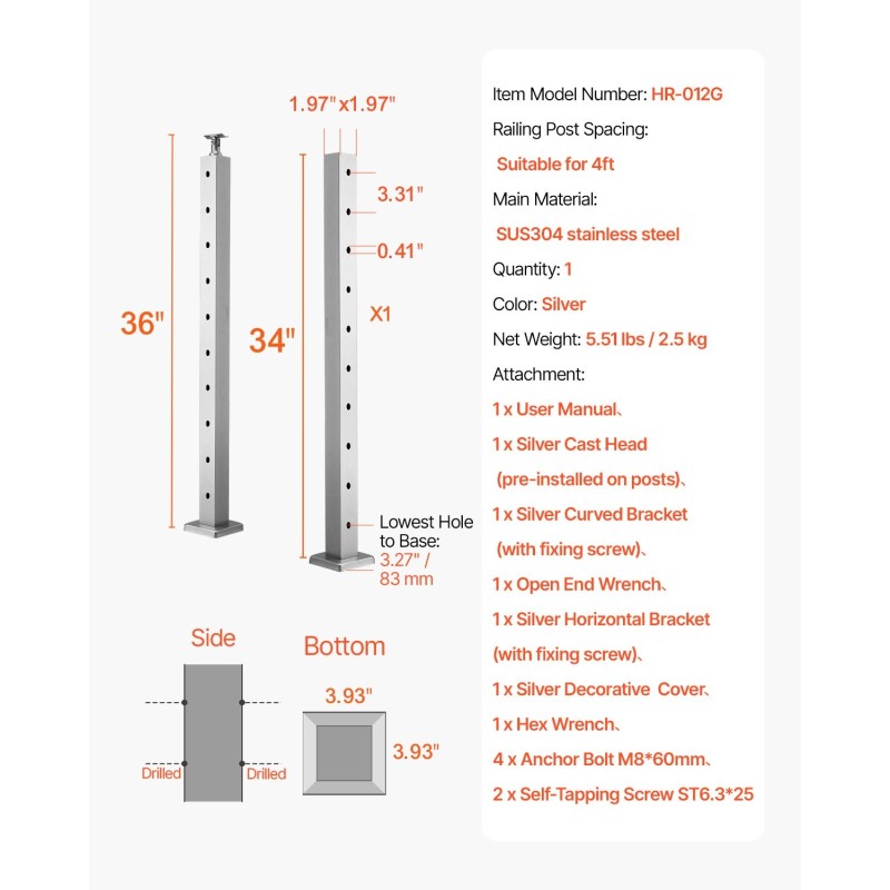 Kaidepylväs SUS304-ruostumatonta terästä 36x2x2-tuumainen esiporattu 3 tuuman reikäväli kaiteisiin 1 kpl