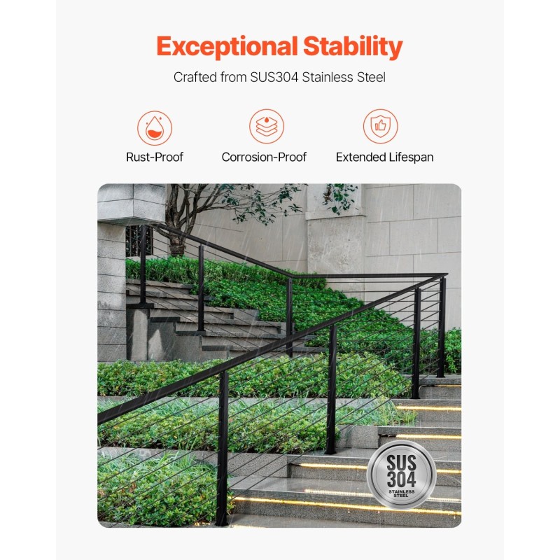 Kaapelikäsijohteen porraskaidepylväs SUS304-ruostumaton teräs 36x1x2-tuumainen musta pinta