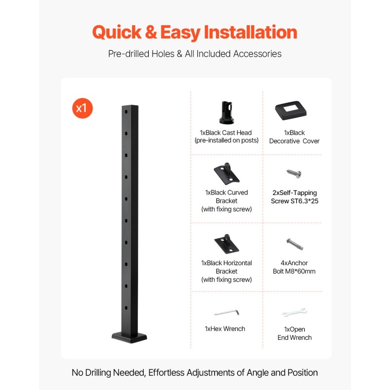 Kaapelikäsijohteen porraskaidepylväs SUS304-ruostumaton teräs 36x1x2-tuumainen musta pinta