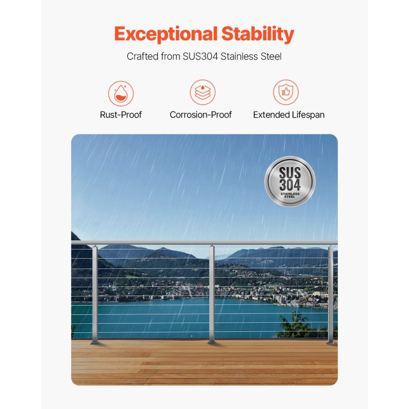 Kaapelikäsijohteen pylväs ruostumaton teräs 91,4 cm esiporatut reiät jauhemaalattu hopea