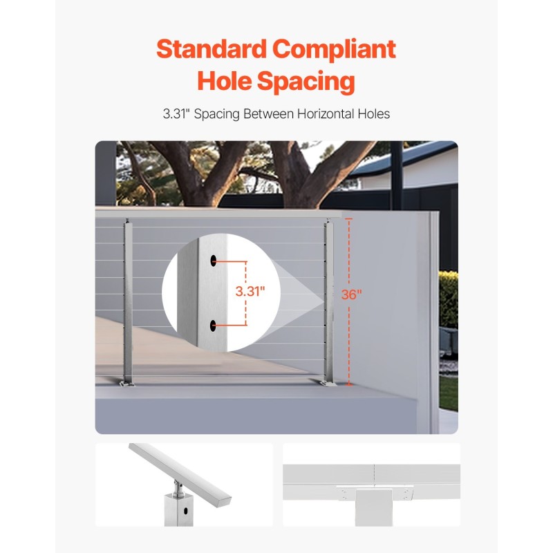 Kaapelikäsijohteen pylväs ruostumaton teräs 91,4 cm esiporatut reiät jauhemaalattu hopea