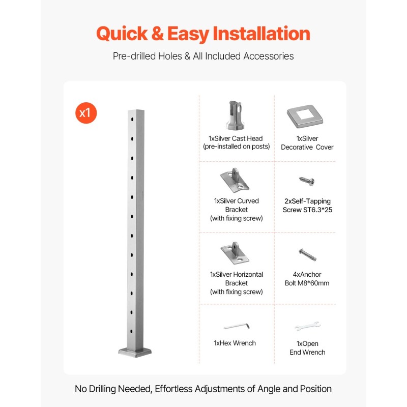 Ruostumaton terästolppa 42x2x2 tuumaa valmiiksi poratut kolmenkymmenen asteen reiät
