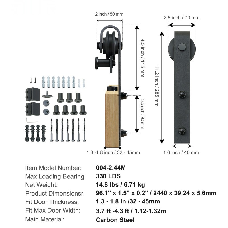 Liukuoven asennussarja hiiliteräs 2440 mm kisko 112–131 cm oville