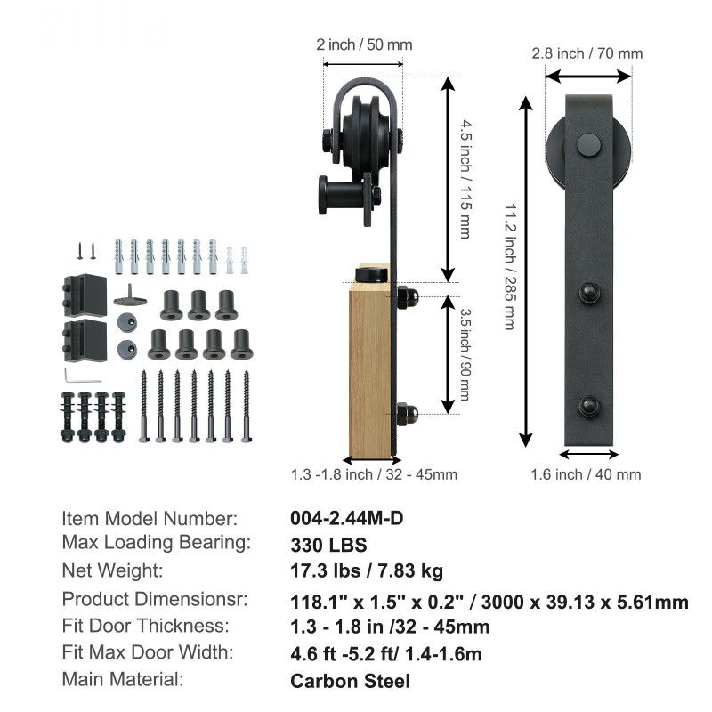 Liukuovikiskosarja hiiliteräs 304,8 senttimetriä musta pulveripinnoite yhdelle ovelle 140,2–158,5 senttimetriä