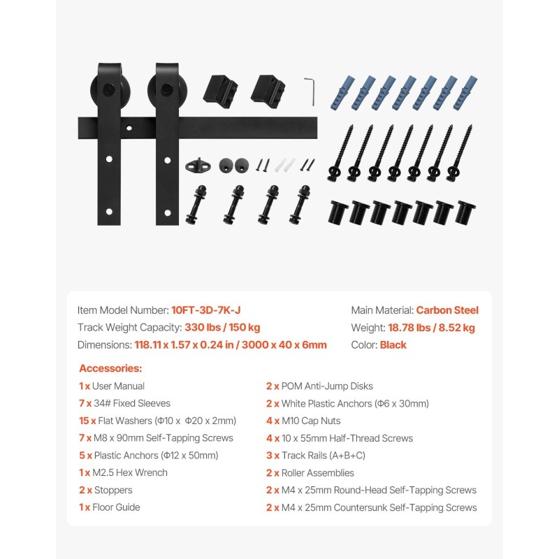 Liukuovikiskosarja lato-oveen hiiliteräs 3000 mm 150 kg musta