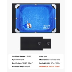 Altaan alusmatto suorakulmainen maanpäälliseen uima-altaaseen geotekstiilikangas 180 g/m² 16x32 jalkaa musta