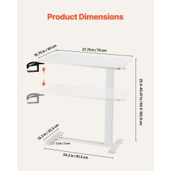 Säädettävä sängynpöytä valkoinen lastulevy teräsrunko pyörillä mukitelineellä