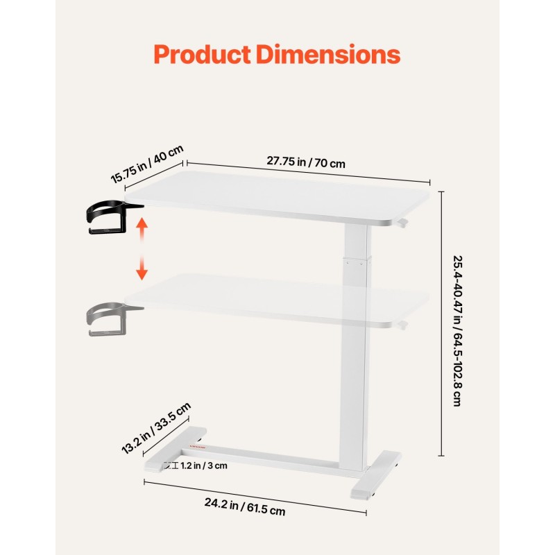 Säädettävä sängynpöytä valkoinen lastulevy teräsrunko pyörillä mukitelineellä