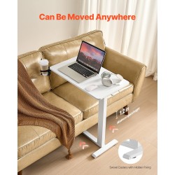 Säädettävä sängynpöytä valkoinen lastulevy teräsrunko pyörillä mukitelineellä