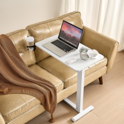 Säädettävä sängynpöytä valkoinen lastulevy teräsrunko pyörillä mukitelineellä