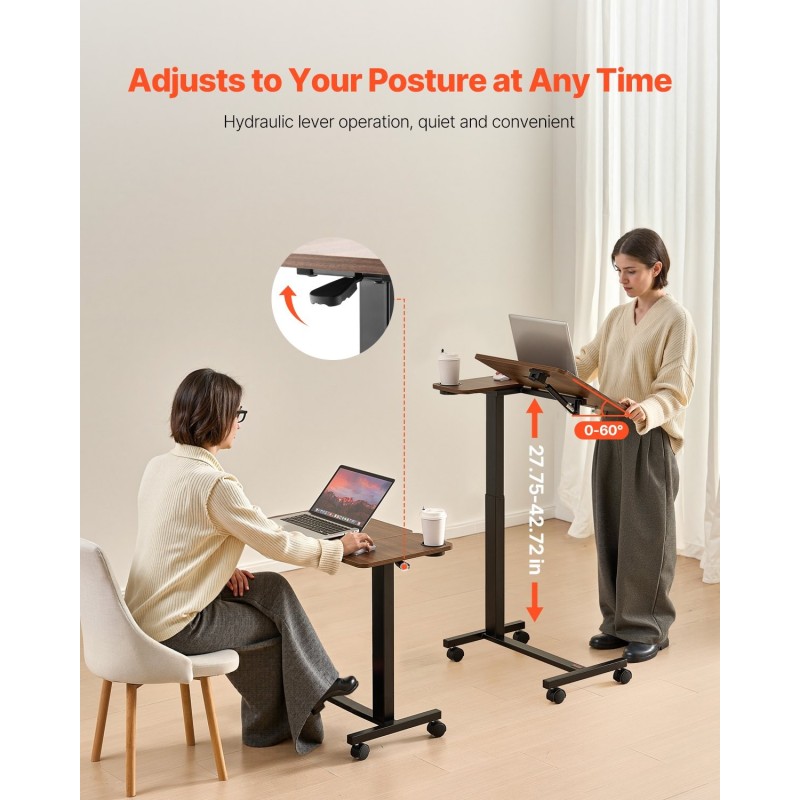 Sängynpöytä korkeussäädettävä lastulevyinen kallistettava pöytätaso 70x40 cm pyörillä