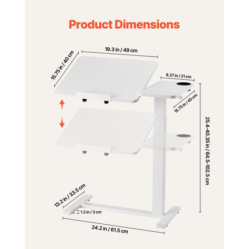 Säädettävä sängynpöytä lastulevy seosteräsrunko kallistettava levy pyörillä korkeus 64.5–102.5 cm