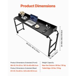 Korkeussäädettävä sängynpöytä lastulevytaso maalattu seosteräsrunko neljä pyörää kaksi USB-porttia kaksi virtapistorasiaa musta