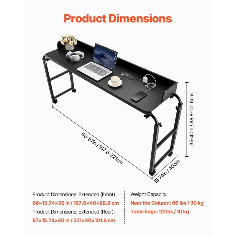 Korkeussäädettävä sängynpöytä lastulevytaso maalattu seosteräsrunko neljä pyörää kaksi USB-porttia kaksi virtapistorasiaa musta