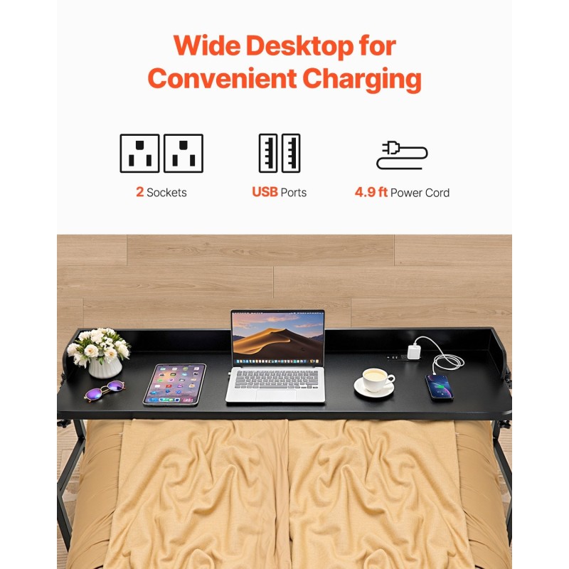 Korkeussäädettävä sängynpöytä lastulevytaso maalattu seosteräsrunko neljä pyörää kaksi USB-porttia kaksi virtapistorasiaa musta