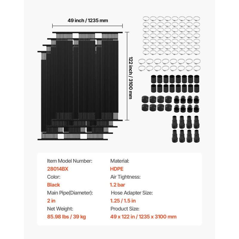 Uima-altaan aurinkolämmitin HDPE 4 paneelia 1235×3100 mm maanpäällisiin ja upotettuihin altaisiin
