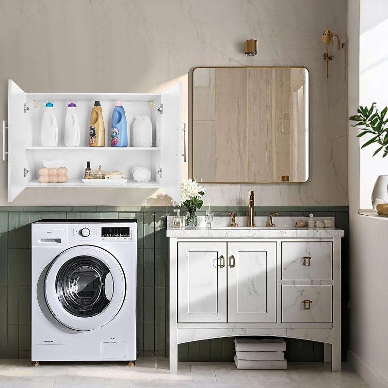 Seinälle asennettava 2-ovinen pyykkihuonekaappi valkoinen lastulevystä ja MDF-levystä säädettävällä hyllyllä