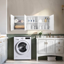 Pyykkikaappi seinään asennettava valkoinen lastulevy ja MDF-levy kolmiovinen kahdella hyllyllä