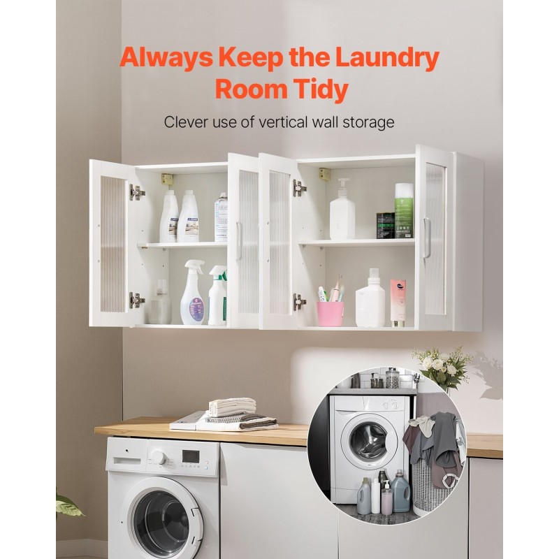 Seinälle asennettava pyykkihuonekaappi lastulevy MDF-levy valkoinen 30,5x61x61 cm 4 ovea säädettävät hyllyt