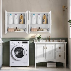 Seinälle asennettava pyykkihuonekaappi lastulevy MDF-levy valkoinen 30,5x61x61 cm 4 ovea säädettävät hyllyt