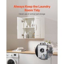 Seinään asennettava valkoinen kaksitasoinen kaappi säädettävällä hyllyllä lastulevystä ja MDF-levystä