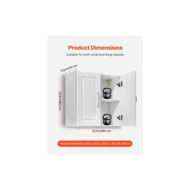 Seinään asennettava valkoinen kaksitasoinen kaappi säädettävällä hyllyllä lastulevystä ja MDF-levystä