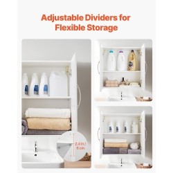 Seinään asennettava valkoinen kaksitasoinen kaappi säädettävällä hyllyllä lastulevystä ja MDF-levystä