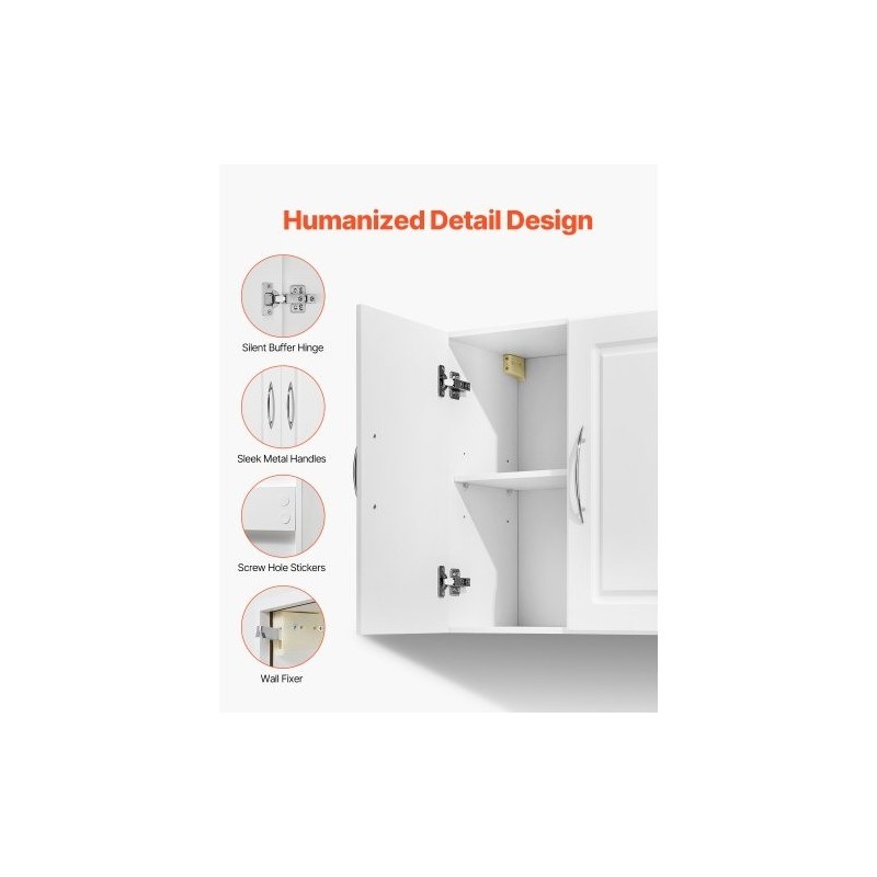 Seinään asennettava valkoinen kaksitasoinen kaappi säädettävällä hyllyllä lastulevystä ja MDF-levystä