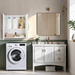 Seinään asennettava valkoinen kaksitasoinen kaappi säädettävällä hyllyllä lastulevystä ja MDF-levystä