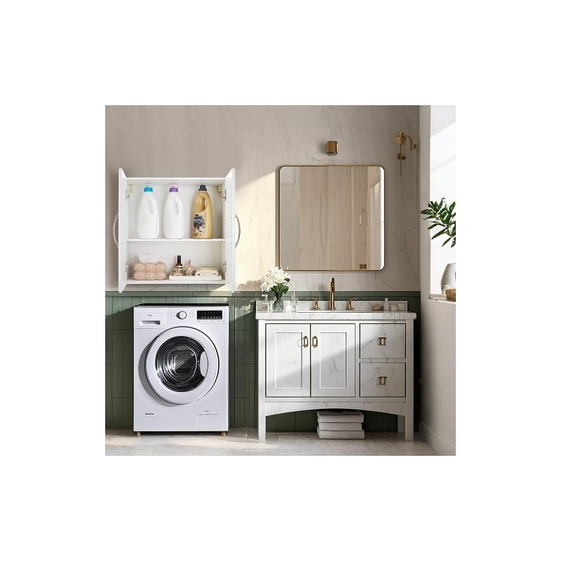 Seinään asennettava valkoinen kaksitasoinen kaappi säädettävällä hyllyllä lastulevystä ja MDF-levystä