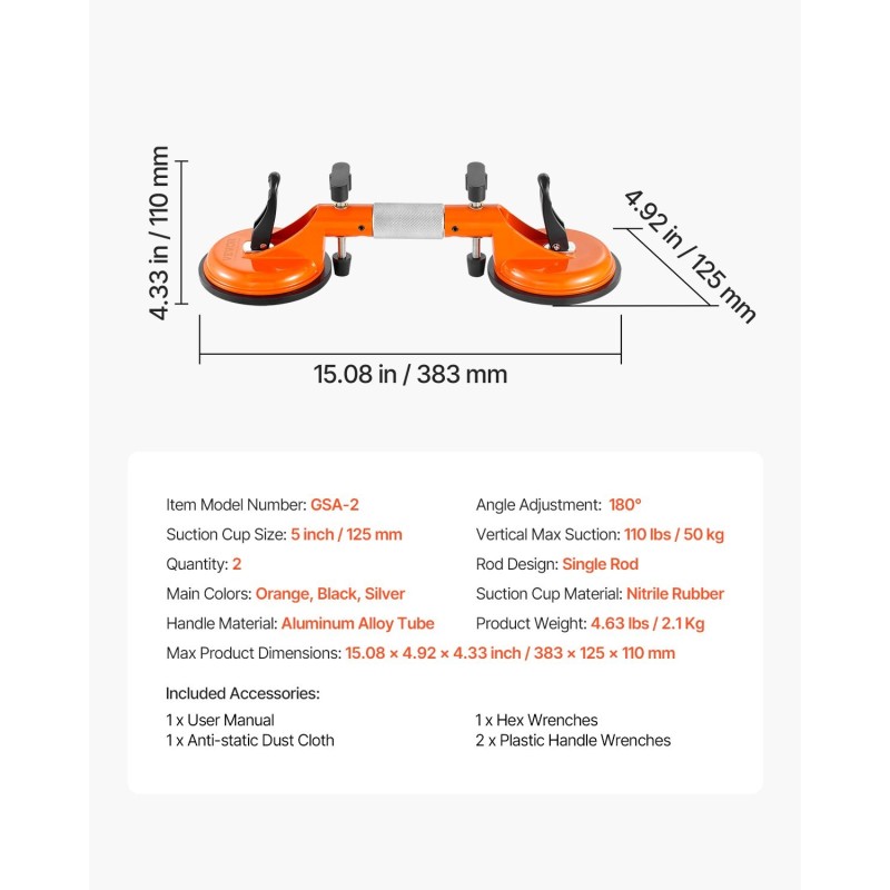 Sauma-asetinsarja 2 kpl työtasoille ja laatoille 125 mm nitriilikumikupeilla ja tyhjiöpumpulla