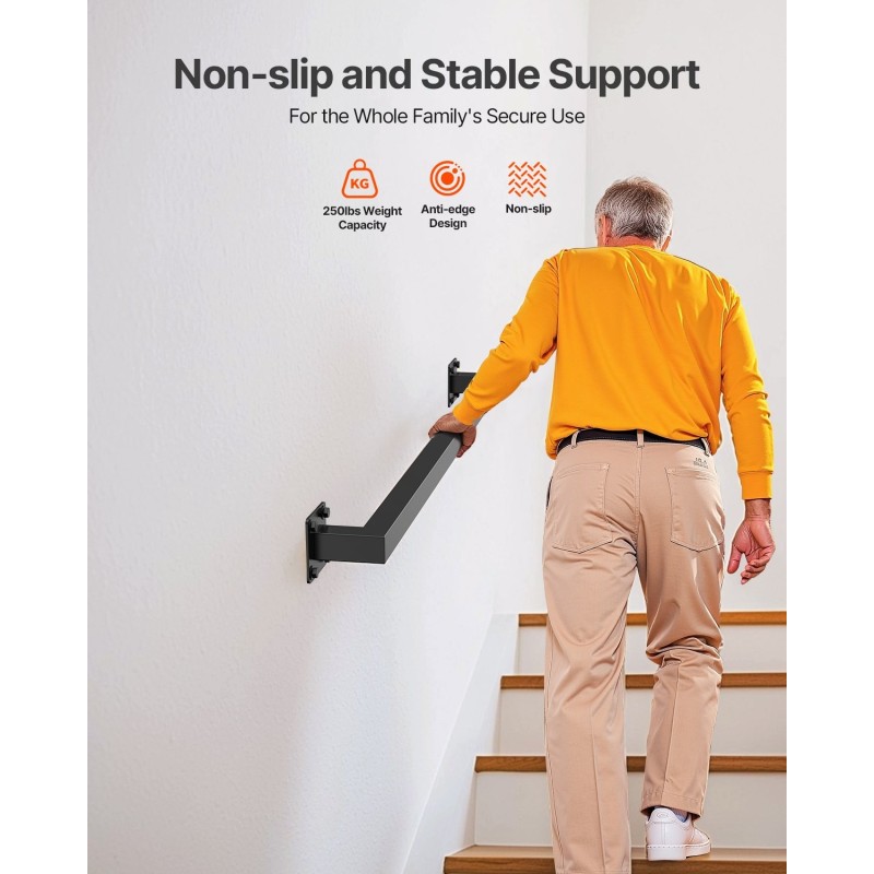 Seinään asennettava portaiden kaide neliöputkinen hiiliteräs 1215 mm musta sisäkäyttöön