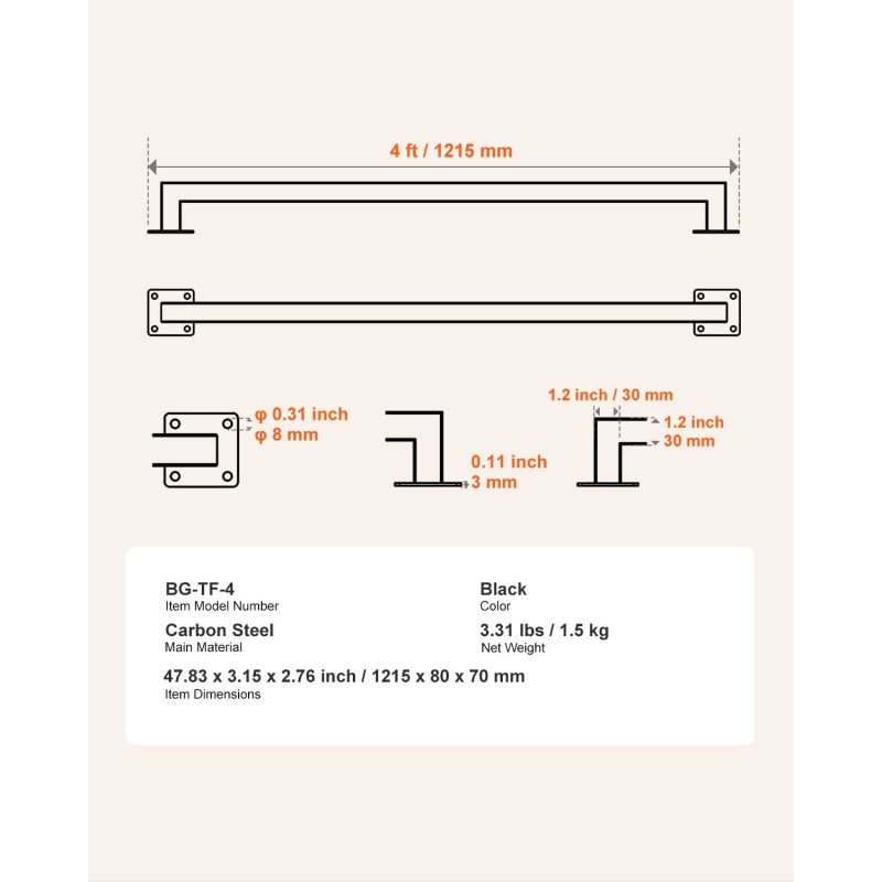 Seinään asennettava portaiden kaide neliöputkinen hiiliteräs 1215 mm musta sisäkäyttöön