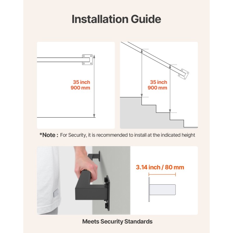 Seinäkiinnitteinen portaankaide hiiliterästä 910 mm kaksiosainen musta sisäkäyttöön