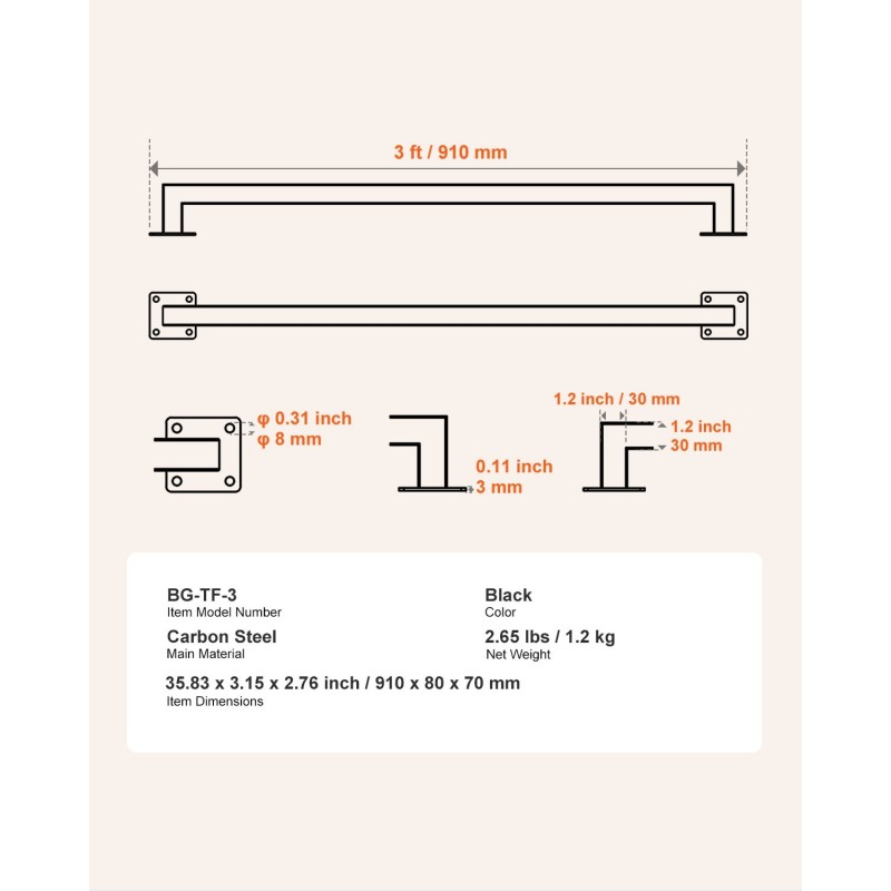 Seinäkiinnitteinen portaankaide hiiliterästä 910 mm kaksiosainen musta sisäkäyttöön