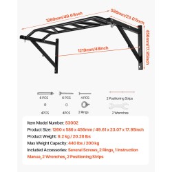 Seinään asennettava hiiliteräksinen leuanvetotanko 200 kg 1260 mm