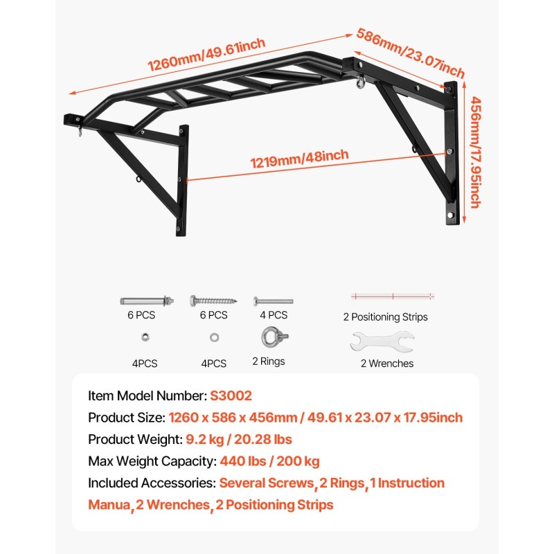 Seinään asennettava hiiliteräksinen leuanvetotanko 200 kg 1260 mm