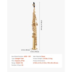 Sopraanosaksofoni messinkirunkoinen B-vireinen 23 näppäintä 33 sävelen ääniala