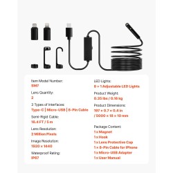 Endoskooppikamera kaksilinssinen viiden metrin kaapelilla vesitiivis kaksi megapikseliä