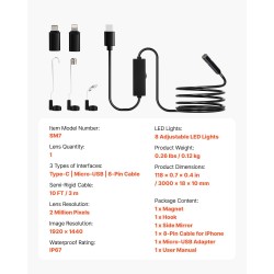 Endoskooppikamera 3 m puolijäykkä kaapeli 2 MP IP67 8 säädettävää LED-valoa