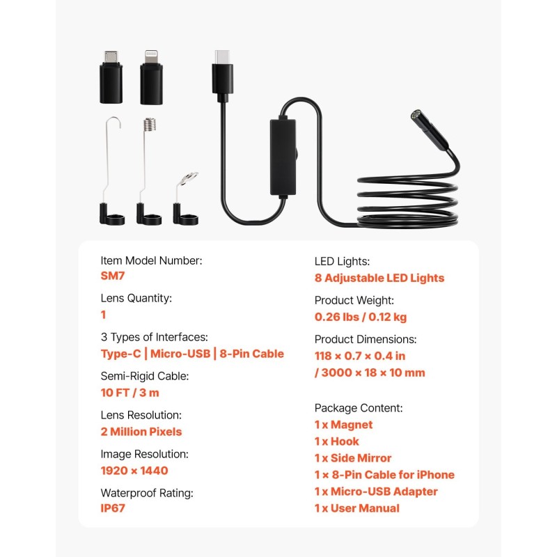 Endoskooppikamera 3 m puolijäykkä kaapeli 2 MP IP67 8 säädettävää LED-valoa