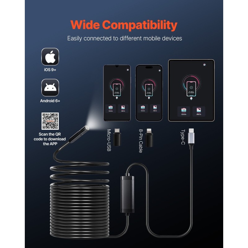 Endoskooppikamera 15 metrin puolijäykkä kaapeli 2 megapikselin vesitiivis älypuhelinyhteensopiva