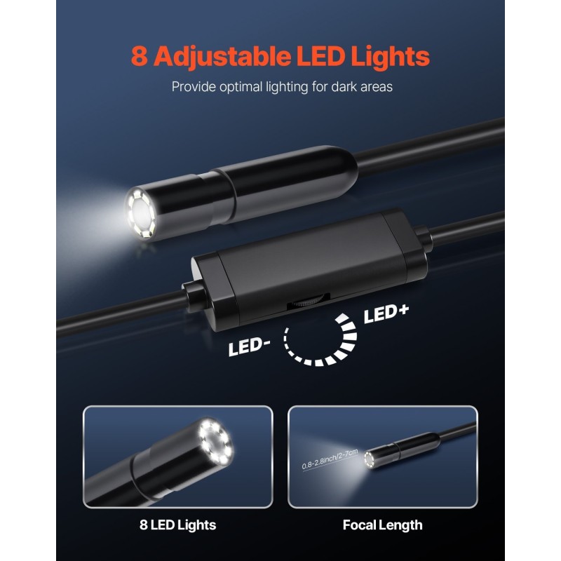 Endoskooppikamera 15 metrin puolijäykkä kaapeli 2 megapikselin vesitiivis älypuhelinyhteensopiva