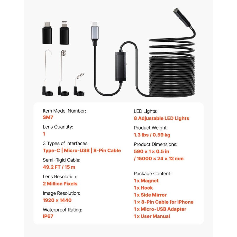 Endoskooppikamera 15 metrin puolijäykkä kaapeli 2 megapikselin vesitiivis älypuhelinyhteensopiva