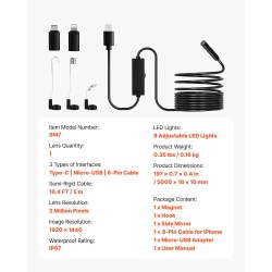 Endoskooppikamera 5 m puolijäykkä kaapeli 2 megapikseliä 8 säädettävää LED-valoa IP67-suojattu