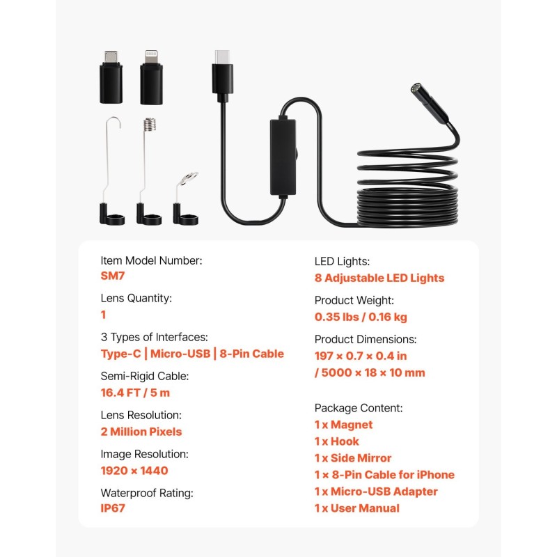 Endoskooppikamera 5 m puolijäykkä kaapeli 2 megapikseliä 8 säädettävää LED-valoa IP67-suojattu