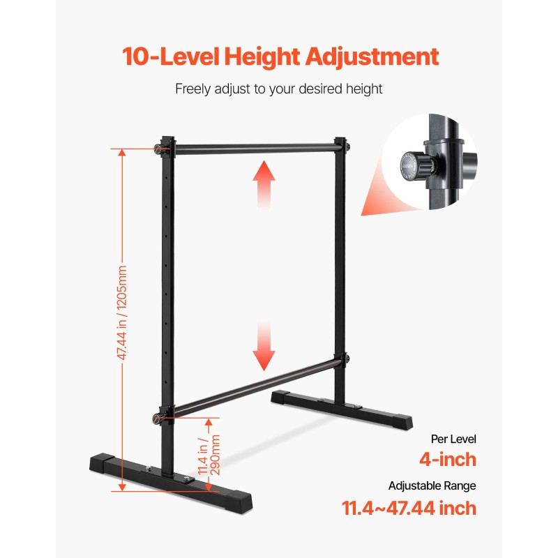 Kaksitasoinen vapaasti seisova balettitanko musta 10-portainen korkeussäätö 290–1205 mm