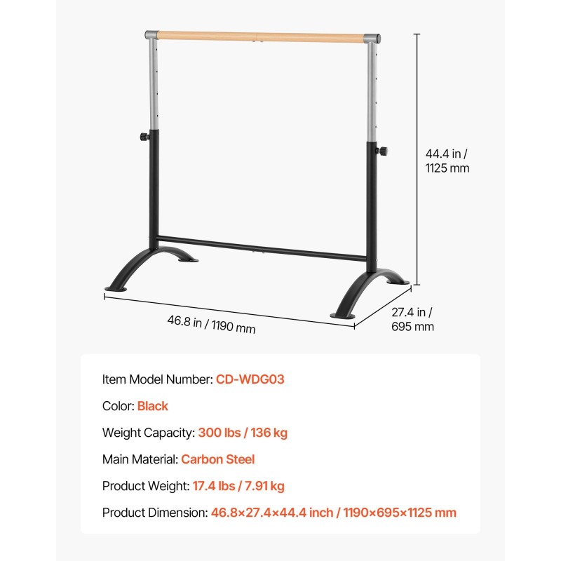 Kannettava balettitanko hiiliteräs säädettävä 5 tasoa 28–44 tuumaa musta aikuisille ja nuorille