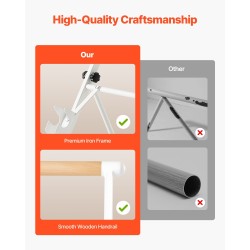 Balettitanko vapaasti seisova siirrettävä taitettava neliasteinen korkeussäätö pyökki ja hiiliteräs valkoinen